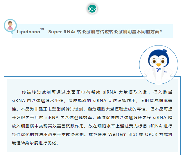 Lipidnano™Super RNAi转染试剂与传统转染试剂明显不同的方面？传统转染试剂可通过表面正电荷帮助 siRNA 大量摄取入胞，但入胞后 siRNA 内含体逃逸水平低，造成摄取的 siRNA 无法发挥作用，同时造成细胞毒性。本品为非强正电型脂质转染试剂，避免细胞大量摄取造成的毒性，但本品可提升细胞内吞后的 siRNA 内含体逃逸效率，通过促进内含体逃逸使更多 siRNA 释放入细胞质中实现高效基因沉默作用。故在细胞水平上通过荧光标记 siRNA 进行条件优化的方法不适用于本转染试剂。推荐使用 Western Blot 或 QPCR 方式对最佳转染浓度进行优化。